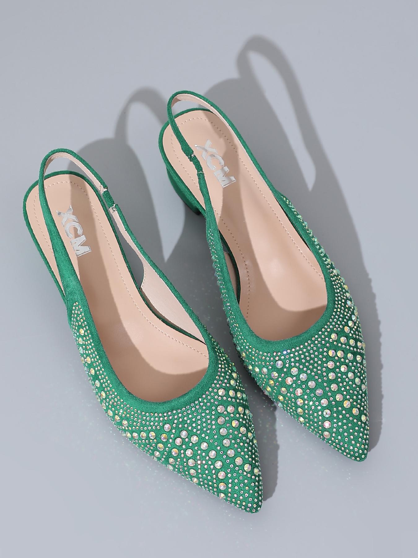 Women's pointed toe chunky heels with stylish green rhinestone embellishments on the back strap comfortable mid heel casual and versatile suitable for all season outfits