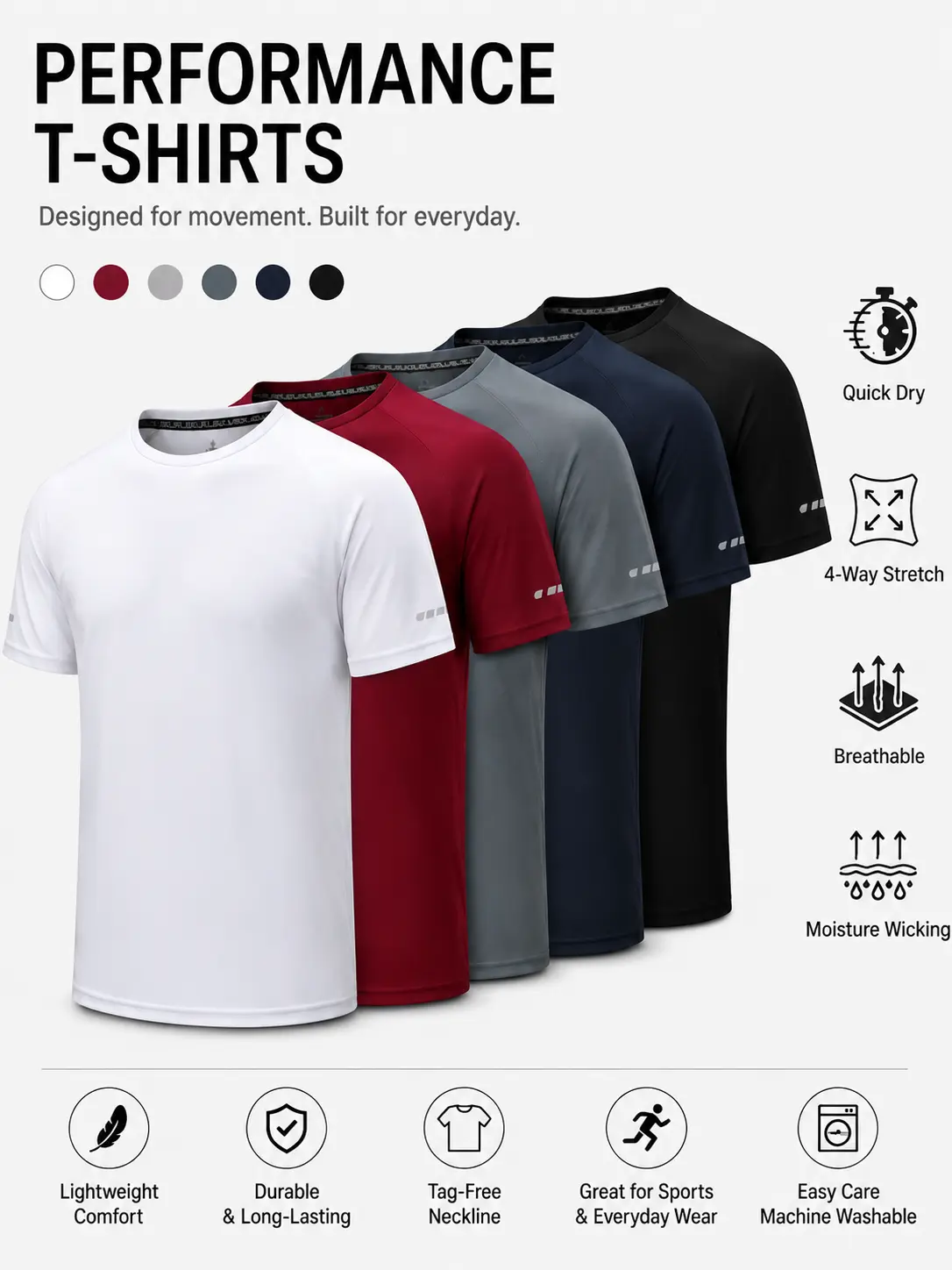 Men's Plain Reflective Short Sleeve Sports Tee - Breathable, Quick-Dry, Lightweight, Flexible Stretch Mens Clothing for Gym/Running, Machine Washable Activewear