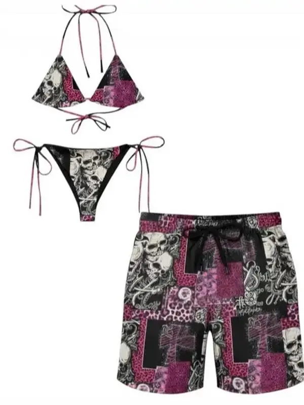 Retro McBling Gyaru Swimwear Set, Y2K Bikini and Men's Beach Shorts, Retro Festival Fashion Outfit