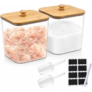 Bath Salt Container,2 Pack Clear Plastic Storage Bathroom Canisters with Wooden Lids & Handle,Airtight Bath Salt Dispenser Jars for Bathroom Organization Accessories,Bathtub Decor Box