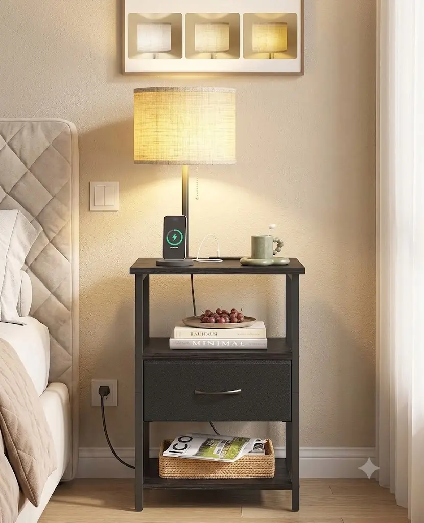 Nightstand with LED Lights Bedside Table with 3 Color Temperatures Bulb, NightStand with Charging Station End Table with Adjustable Fabric Drawer for Bedroom Dorm, Black