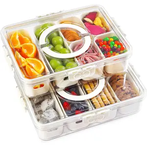 2 Pack Divided Serving Tray with Lid and Handle 12 Compartments Snackle Box Container for Portable Snack Platters Large Clear Organizer for Picnic Snacks to Go Dishwasher Safe