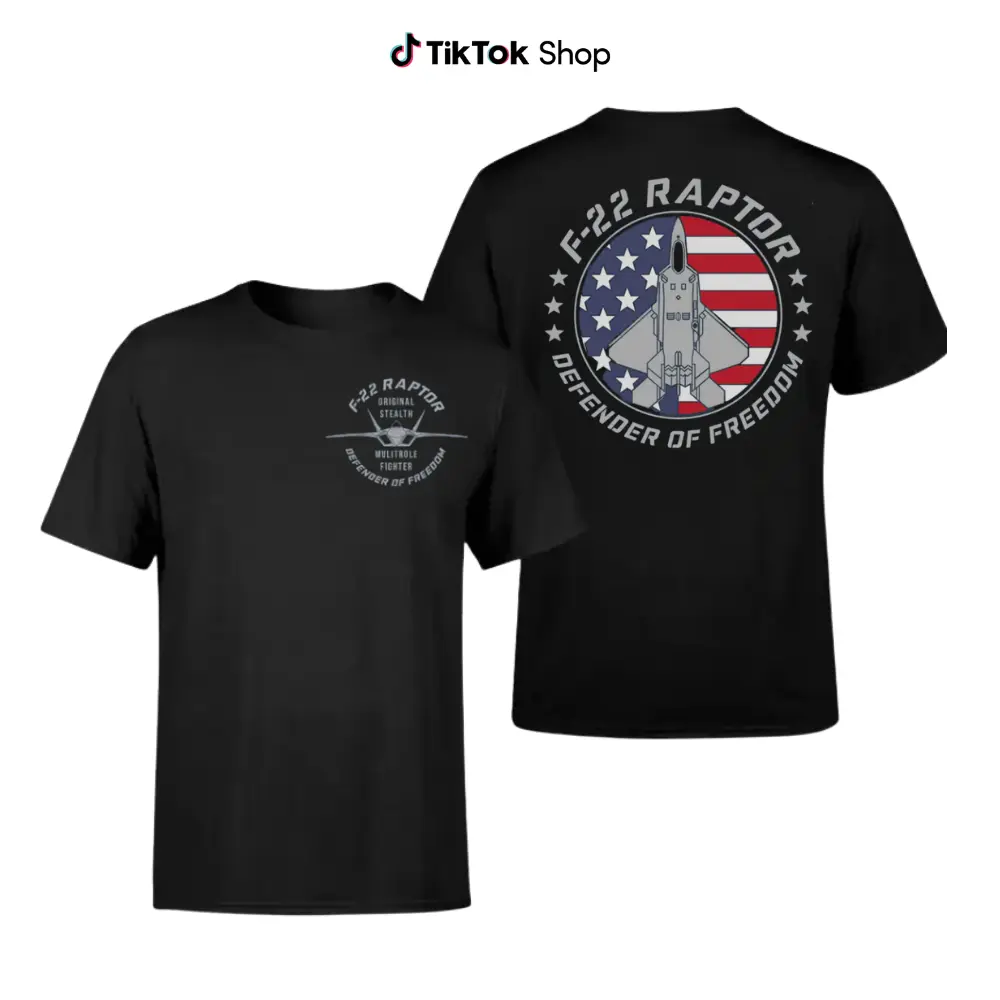 F-22 Raptor Defender Of Freedom Fighter Jet T-Shirt Two Side, Vintage Streetwear Military Tee, Soft Cotton Blend Shirt, USAF Stealth Aircraft Graphic Apparel For Men & Women, Gift For Veterans & Pilots