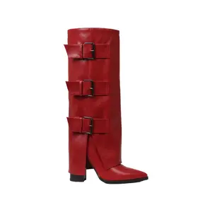 Women's Retro Style Red Belt Buckle High Boots with Fashionable Pointed Toe and Thick Heel Personalized Long Boots for Stylish Looks