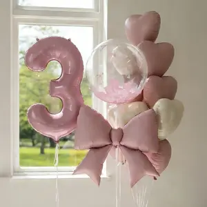 A set of pink birthday party decoration balloons, 32 inch pink numbers 0-9, 18 inch transparent balloons, love balloons, Heart shaped balloons, pink bow balloons, suitable for birthday parties, baptisms, anniversaries, romantic room decoration
