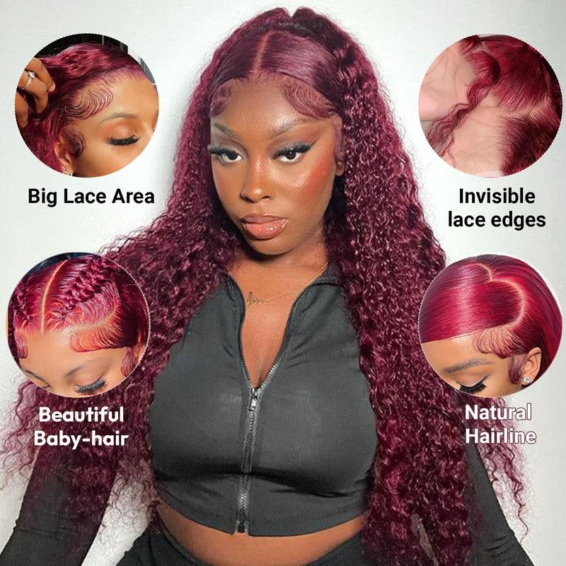 【30 Inch only $119 】99j Burgundy Deep Wave Lace Front Wigs Human Hair 99j 13x6 HD Lace Front Wigs Human Hair 200 Density Deep Wave Wig Pre Plucked Red Colored Curly Wig for Women