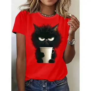 Cat Print T-shirt, Casual Short Sleeve Crew Neck Top For Spring & Summer, Women's Clothing