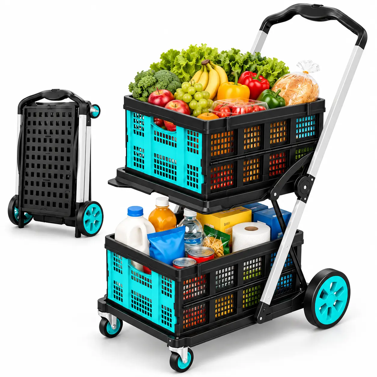 2-Tier Collapsible Shopping Cart with Wheels, Foldable Rolling Utility Cart with 2 Removable Baskets, Portable Grocery Shopping Trolley for Supermarket, Laundry, Camping, Home Storage and Travel