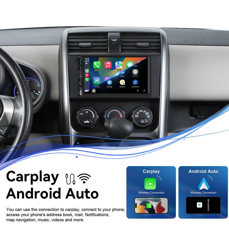 Double Din Wireless Carplay Android Auto Car Stereo, 7” IPS Touch Screen Car Audio Receiver with YouTube Video Playback, WiFi GPS FM Bluetooth Hands-Free, Mirror Link, Backup Camera, EQ, USB/AUX/SWC, MIC, Father's Day Gift
