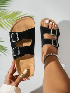 Women's Classic Round Toe Low Top Velour Soft Sole Thick Bottom Flat Bohemian Sandals, Adjustable Metal Buckle, Casual Daily Wear