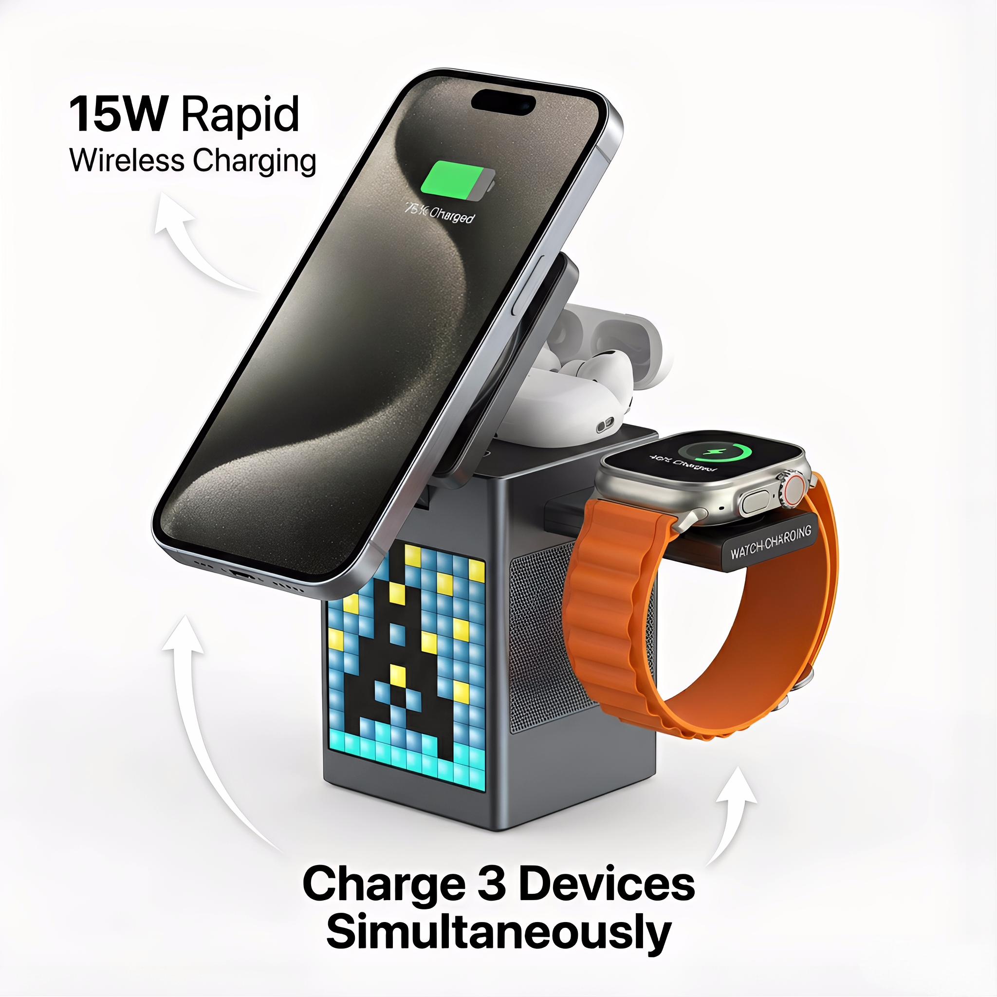 6-in-1 MagSafe-Compatible Magnetic Charger | with Clock & Pixel Display | Multi-Device Desktop Charging Station | Smart Travel Companion for March Madness, Spring Break, World Cup & Easter