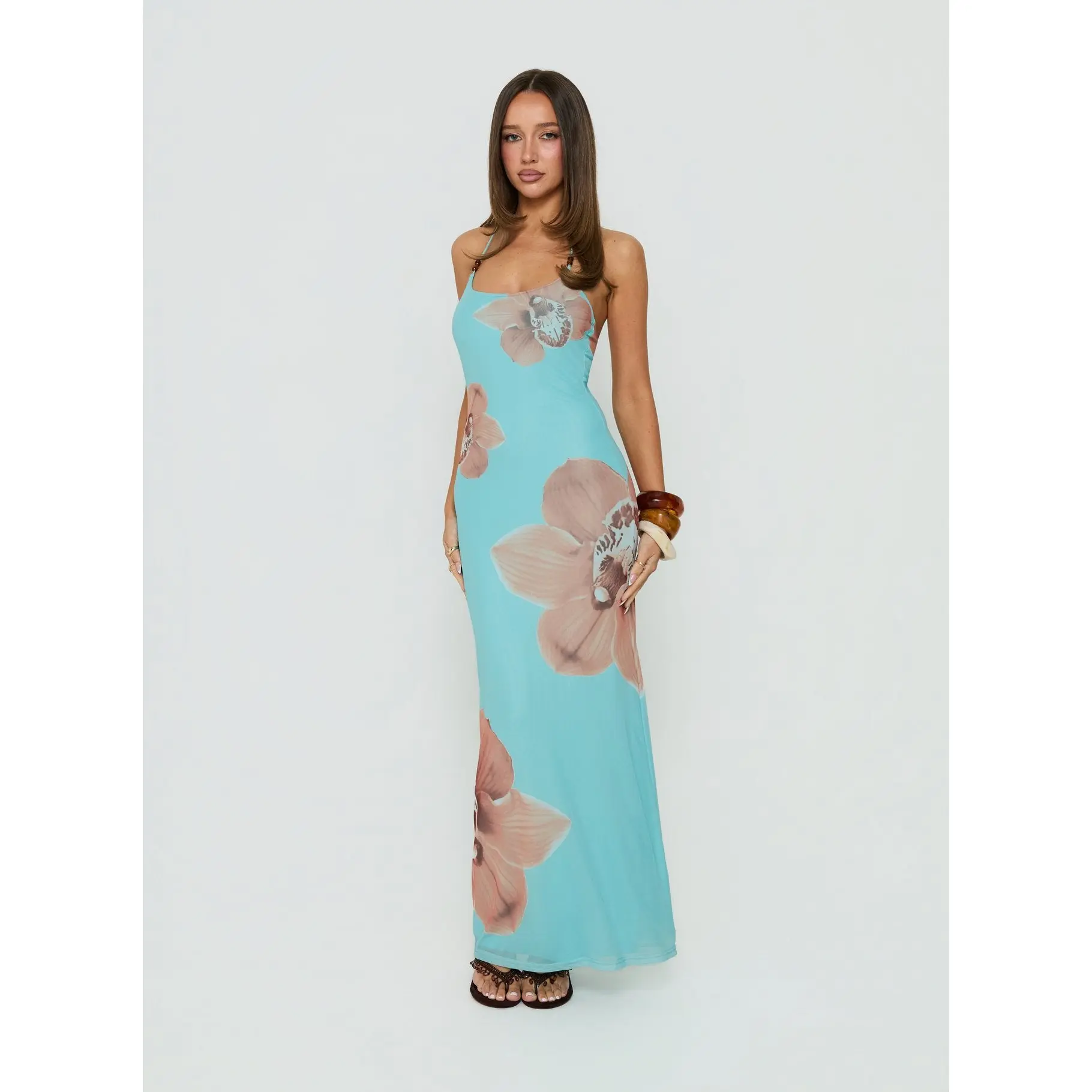 Kamina Beaded Halter Maxi Dress Turquoise