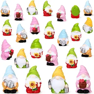 40 Pcs Spring Mini Gnomes Figurine Miniature Spring Gnome Resin Statues Flowers Sunflower Mini Resin Gnomes Table Decor for Summer Tiny Indoor Outdoor Garden Plant Pots
