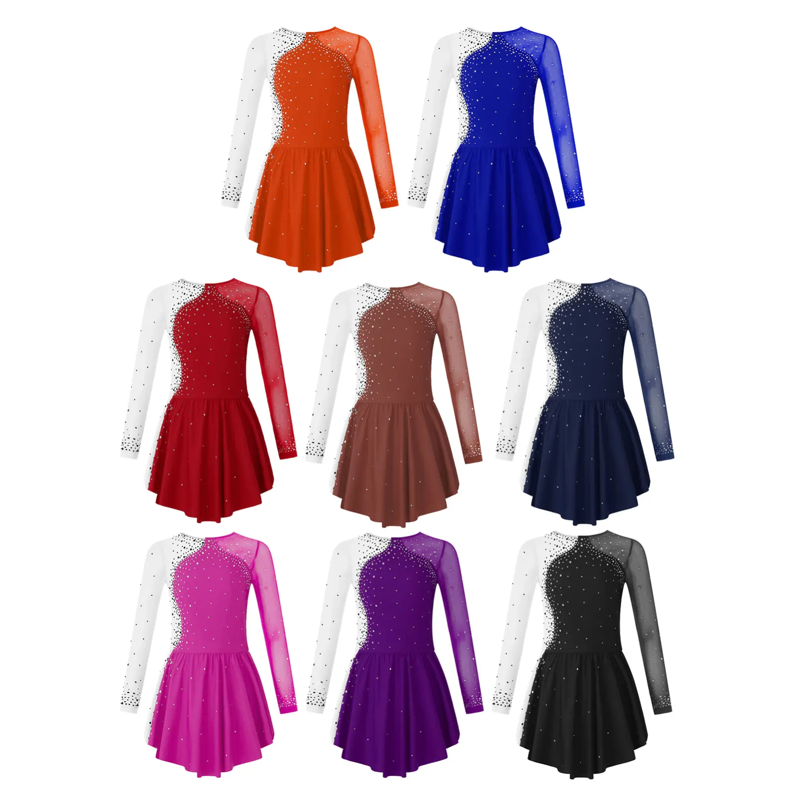Kids Girls Stylish Clothing Long Sleeve Round Shiny Rhinestone Patchwork Color Skating Dance Dress