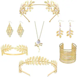 9 Pcs Greek Goddess Accessories for Women Golden Roman Laurel Leaf Crown Headband Upper Arm Cuff Bracelet Pearl Drop Earrings Necklace Toga Waist Belt Toga Costume Jewelry for Bridal Bridesmaid Wedding Party