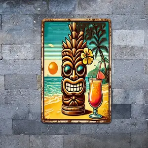 Hawaiian Tiki Bar Vintage Metal Sign - Iron Foil Engraved Wall Art - Novelty Beach Tin Decor for Home, Bar, Cafe, Restaurant & Living Room - Retro Garage Wall Decoration - Tropical Island Sunset Scene, metal Ornaments Artistic