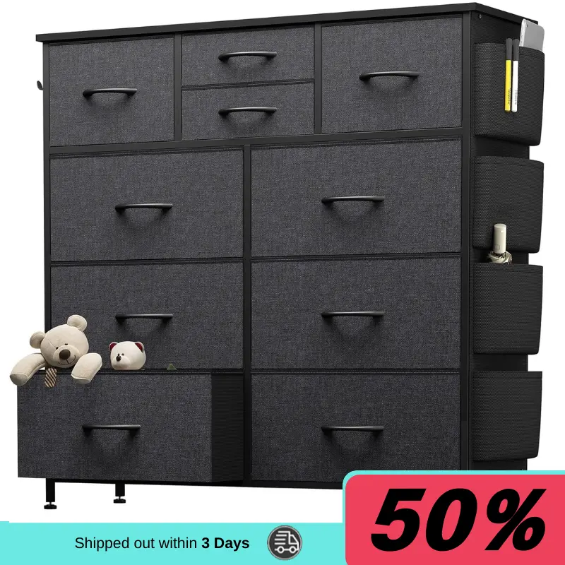 White Dresser for Bedroom with 10 Drawers, Chest of Drawers with Side Pockets and Hooks, PU Storage Dresser, Sturdy Metal Frame, Drawers Organizer Unit for Living Room, Hallway, Closet 10-Drawer Dresser with Side Pocket & Hooks, Storage Cabinet with Wood