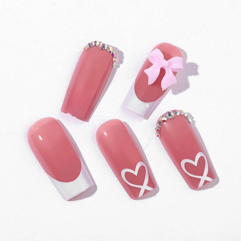 French Tip Press On Nails with Charms Medium Fake Nails White Acrylic Nails for Women Daily Wear Square Shape with Cute Bow & Rhinestones 24 Pcs/Box