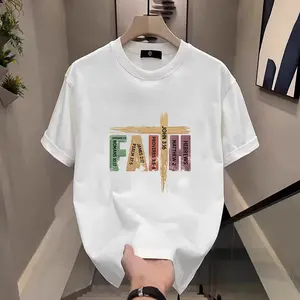 T-shirts featuring simulated embroidered patterns of a cross and biblical verses, crafted from cotton fabric, designed for unisex wear and inspired by faith.