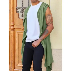 PASLTER  Mens Hooded Cardigan Sleeveless Ruffle Shawl Collar Open Front Knit Drape Robe Knitwear Vest Crochet Clothes