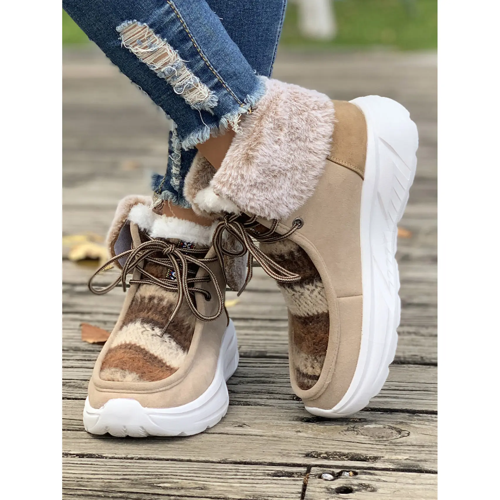 BDHJYDB Women's High Quality Winter Snow Boots Chunky Platform Knee-High Faux Fur Lined Non-Slip TPR Sole - Beige & Brown Plaid/Beige/Tan/ - All-Season Cold Weather Boots for Ice, Snow, and Casual Attire - Cozy Faux Fur Lining & Cushioned Insole - Casual