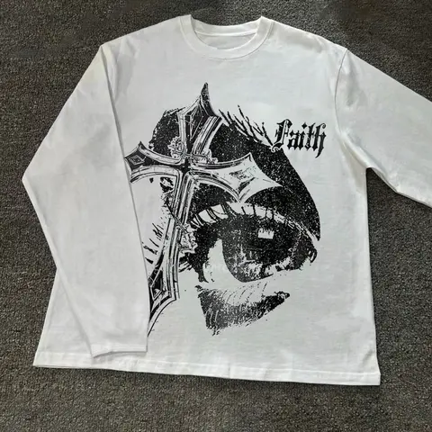 Y2K Gothic Cross Graphic Long Sleeve Tee Unisex – Vintage Grunge Streetwear Shirt for Men & Women, Oversized Dark Aesthetic Top for Skater & Clubwear Outfit