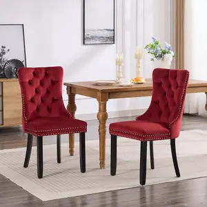 Classic Velvet Dining Chairs, High-end Tufted Solid Wood Contemporary Velvet Upholstered Dining Chair with Wood Legs Nailhead, SET OF 2, Burgundy