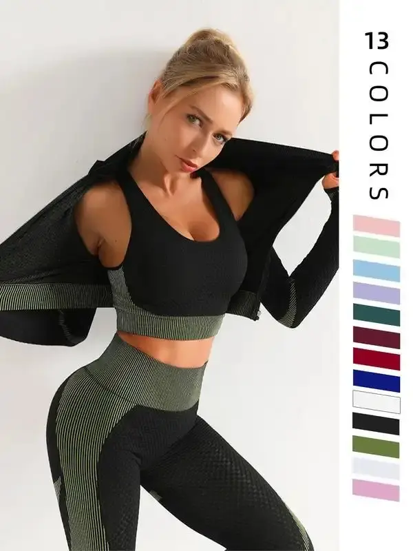 Women's Colorblock Zip Up Shapewear Set, Casual Comfy Crop Jacket & High Waist Leggings & Bra for Wear, Summer Outfits 2024, Women's Shapewear Set for Spring & Fall,