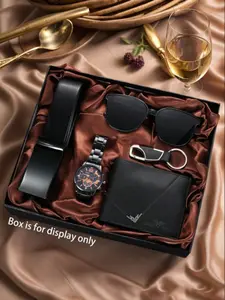 Men's Fashion 5-Piece Set Watch, Quartz Movement, Keychain, Strap, Sunglasses, Wallet, Perfect Gift for Father's Day, Christmas, Birthday