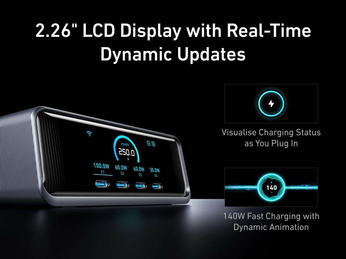 Anker Prime Charger, 250W 6-in-1 GaN Charger with Smart LCD, Ultra-Fast Charging for MacBook, iPhone 17, iPad, and More (Silver)