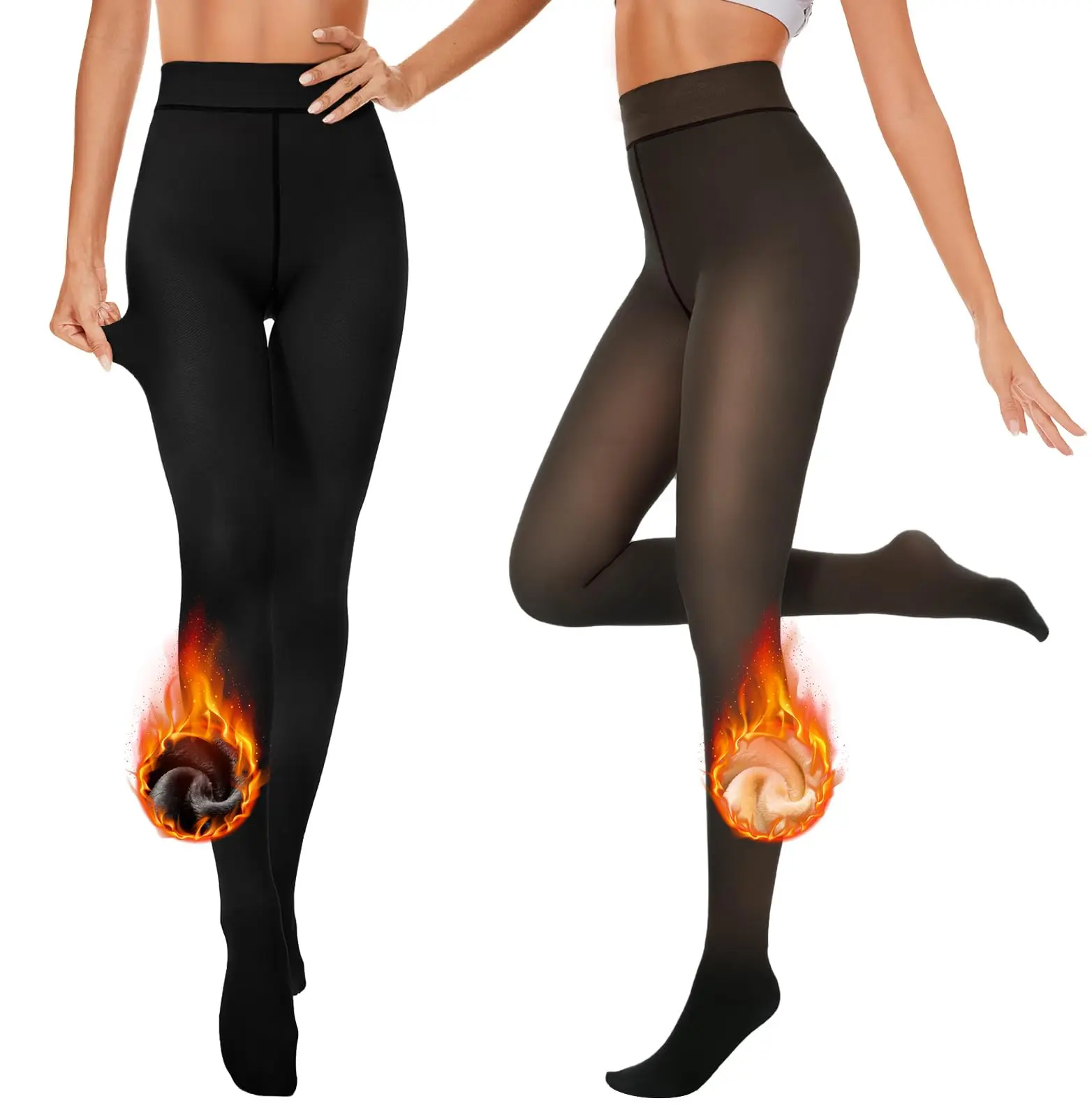 Viconow Women's Fleece-Lined Thick Leggings, High-Waisted Fake Translucent Pantyhose for Lady, Stretch Sheer Stockings, 2 Black Clothes