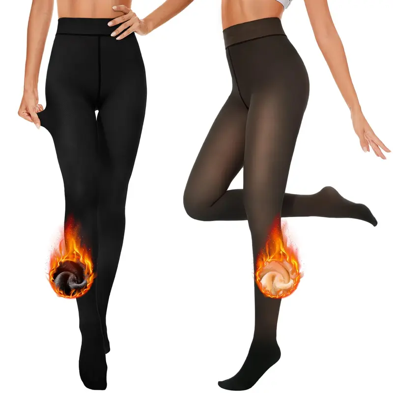 Viconow Women's High-Waist Basic Plain Fleece-Lined Thick Leggings - Stretch Fit Full-Length Casual Bottom, Fake Translucent Sheer Slip-On Pantyhose, Opaque Black*2, All Seasons