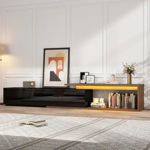 Extendable TV Stand with LED Light, Modern Entertainment Center for up to 120 Inch TV, Wood TV Media Console with 2 Drawers & 2 Cabinets for Living Room Bedroom, 75"-110", High Gloss White & Black