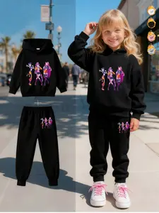 Girls' Fall Winter Fleece Lined 2-Piece Set, Witch Hunter Corps Casual, Hooded Sweatshirt with Cartoon Print, Jogger Pants