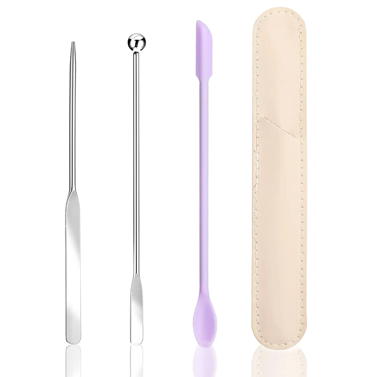 Makeup Spatula for Foundation Mixing - Stainless Steel & Silicone Cosmetic Tool for Depotting Blending and Face Application with Leather Case
