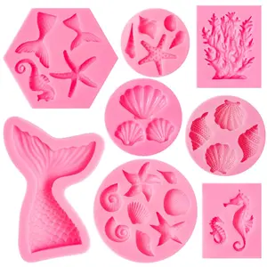 Marine Theme Fondant Silicone Mold,Seashell,conch, Mermaid Tail,Seahorse,starfish,coral, DIY Handmade Baking Tools for Mermaid Theme Cake Decoration