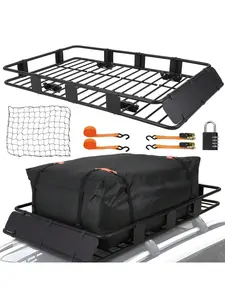 black- Roof Rack Carrier Basket, 64" X 39" X 6" Universal 200 Lb Heavy Duty Roof Rack With 1 Waterproof Bag, Cargo Net, 2 Pairs Of Tensioners, 1 Lock, Universal Roof Rack For SUV, Truck Vehicle Accessories