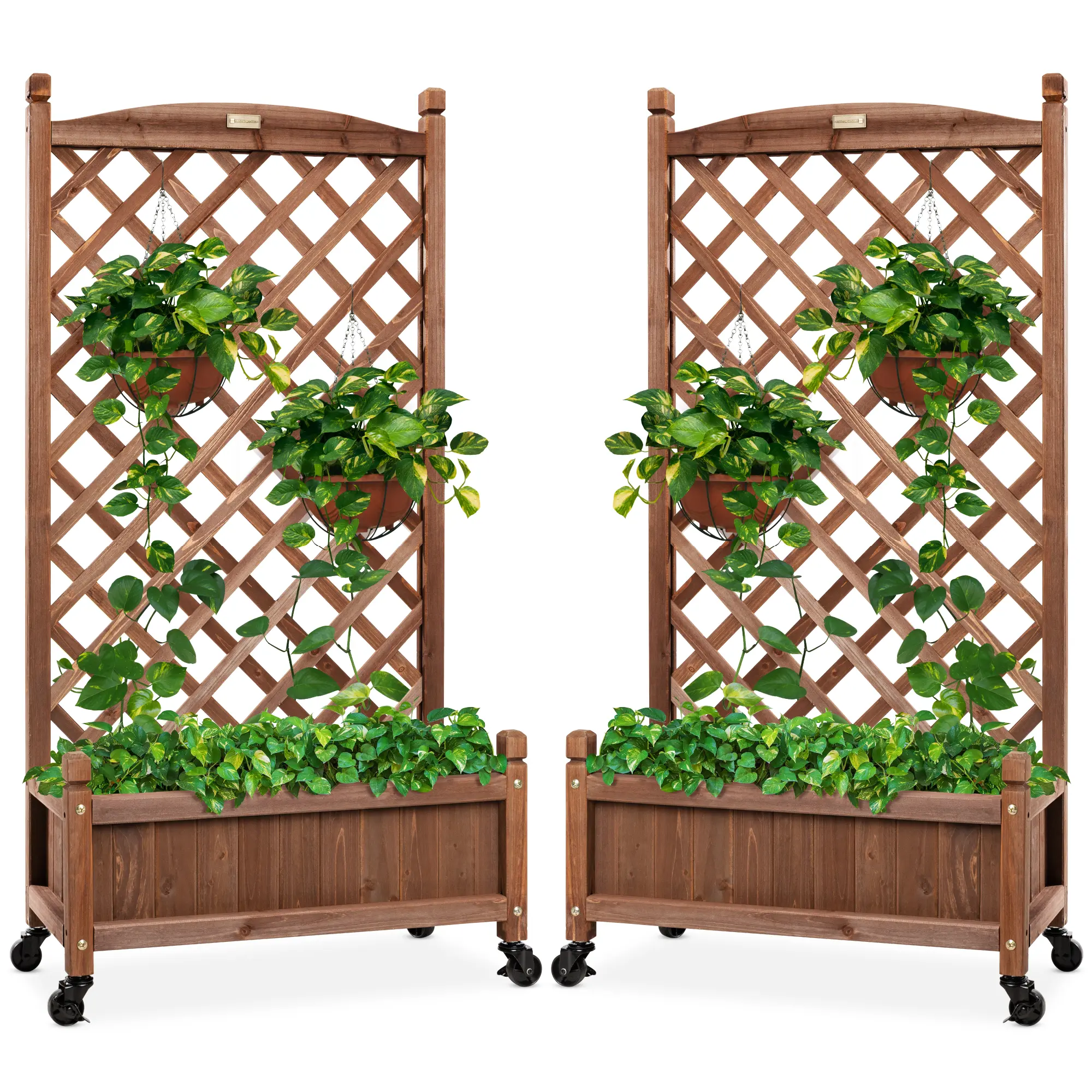 Best Choice Products Set of 2 48in Wood Planter Box & Diamond Lattice Trellis, w/ Drainage, Optional Wheels - Walnut
