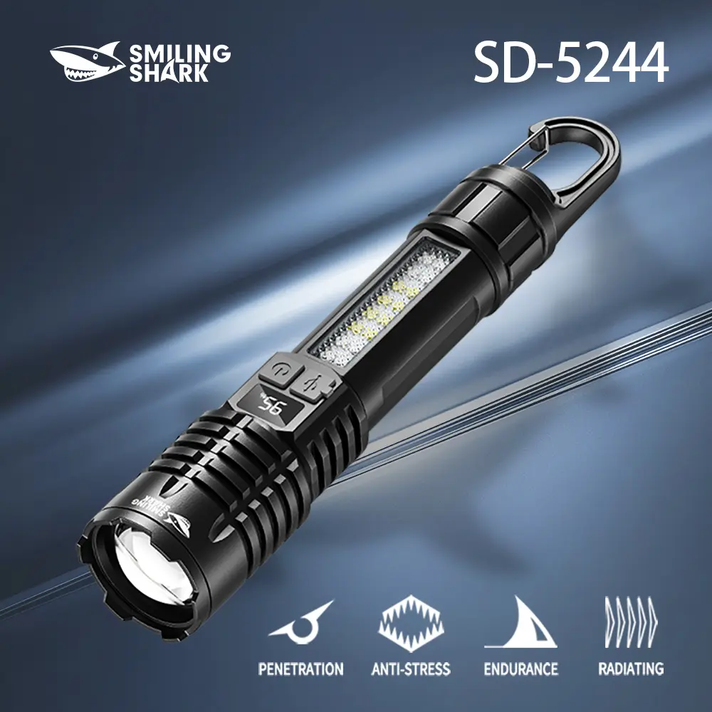 smilingshark SD-5244 Endurance Flashlight, Rechargeable 1200mAh Lithium Battery, 5-Mode Light with Dual-Use Design for Camping & Hiking, Led, Batteries