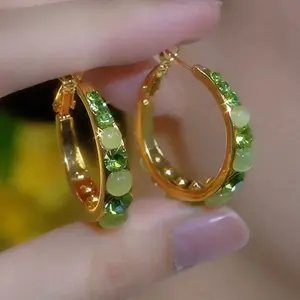 LisiZen Green Crystal Hoop Earrings 14K Gold Plated Sparkling Rhinestone Round Design, Chic Elegant Fashion Jewelry Statement Earrings DZEH4096 Long Tassel