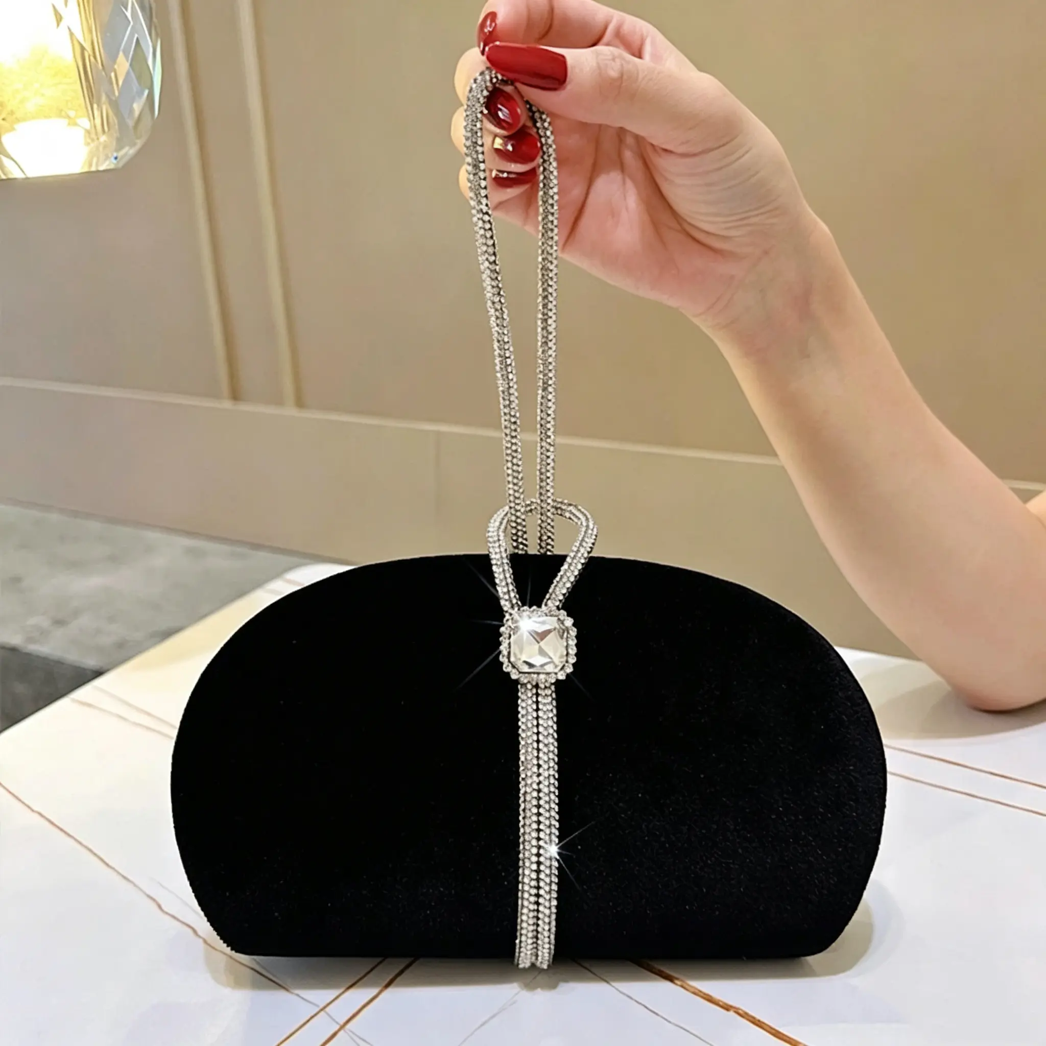 Ubysoyi Elegant Black Velvet Evening Clutch Bag with Rhinestone Chain Strap Formal Handbag Purse For Women Wedding Bridal Party Homecoming Dance Night