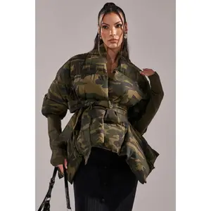 RIB SLEEVE PEPLUM PUFFER IN CAMO