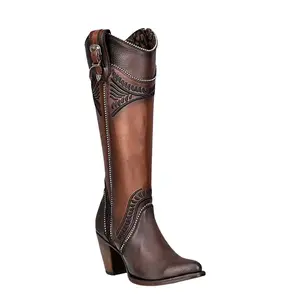 Honey Embroidered Knee-High Boot - Brown Design with Unique Embroidery Details