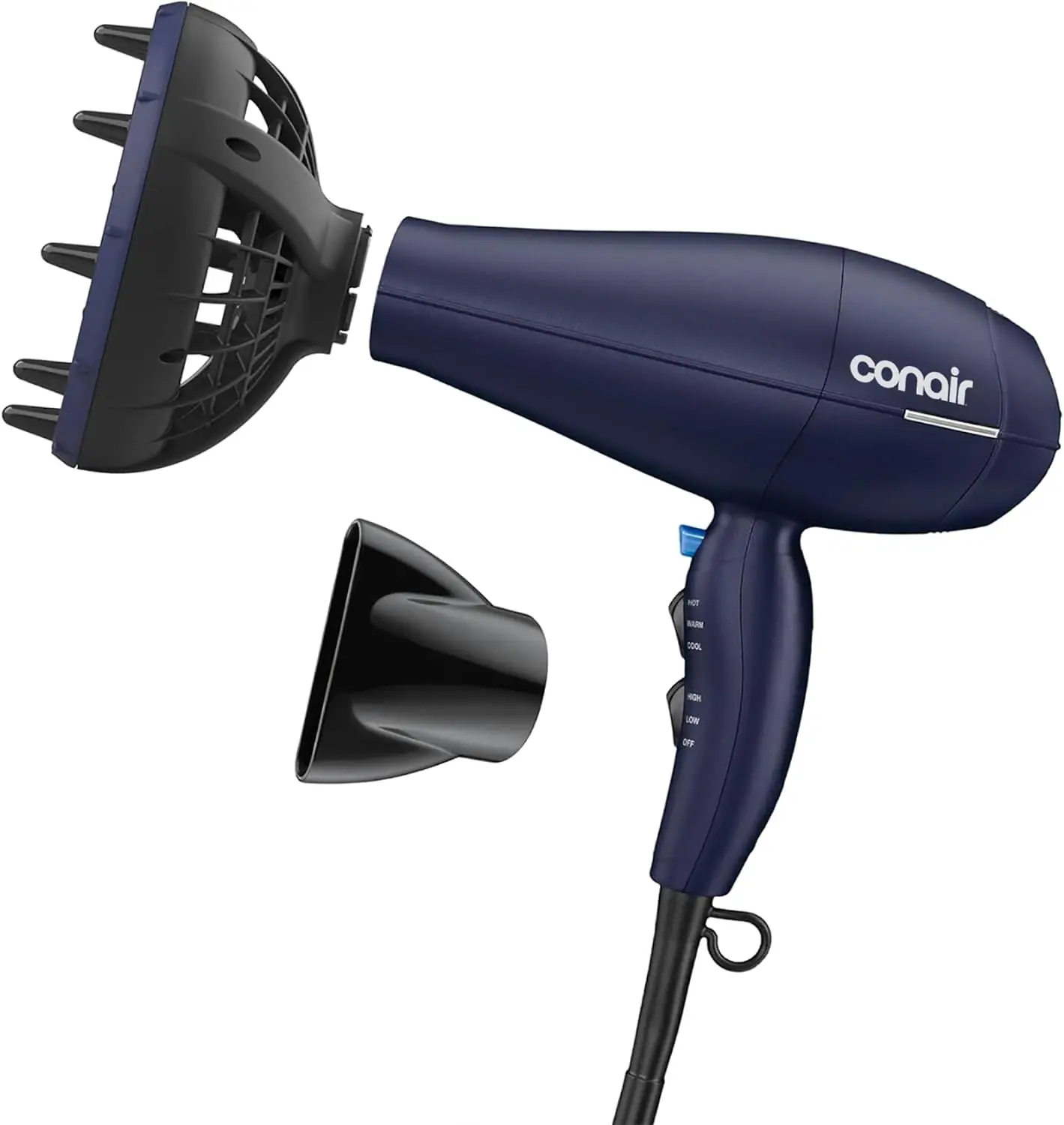 Conair Hair Dryer with Multi-Chamber Hair Diffuser Attachment, Dark Blue | 1875W blow dryer for curly, coily, and wavy hair, ionic and ceramic technology help reduce frizz and protect curls