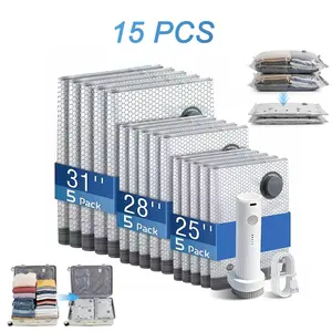 Portable Cordless Travel Vacuum Storage Compression Bag Set, 15-Pack in 3 Sizes , USB Rechargeable Handheld Pump with Built,In Battery ,Waterproof & Reusable Space Saver for Clothes & Packing, Perfect for Carry-On Suitcases