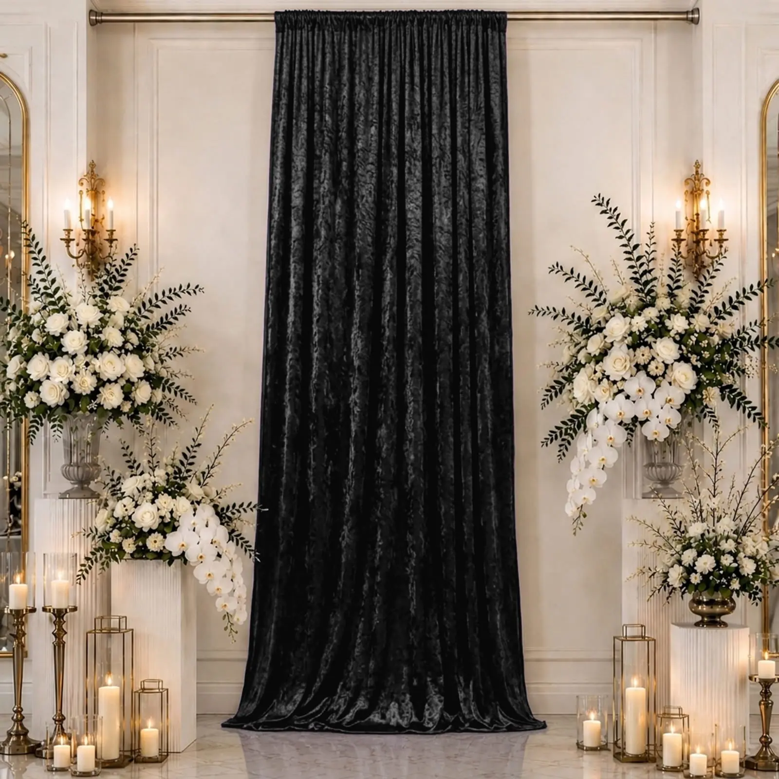 Black Premium Crushed Velvet Backdrop Curtain 5ft x 16ft – Event Drape Panel & Ceiling Drapery with Rod Pocket, 70% Blackout