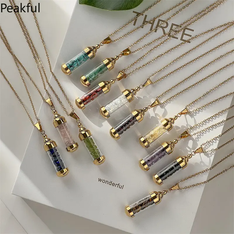 Colorful Gravel Wish Bottle Clavicle Chain, Viral Stainless Steel Perfume Vial Necklace, Hollow Openable Pendant Jewelry, durable metal material & adjustable length, lightweight and stylish, ideal for casual outings, dating and souvenir collection