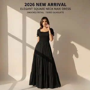 2026 New Arrival Women’s Elegant Solid Color Square Neck Shirred Splice Long Dress, Versatile Commute Wear