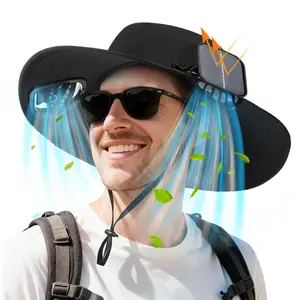 Solar Fan Hat, Wide Brim Sun Hat with 2 Built-in Solar Fans, Men's Fishing Hat, Waterproof Outdoor Hiking Camping Fishing Hat, Suitable for Outdoor Fishing, Hiking, Gardening and Other Activities