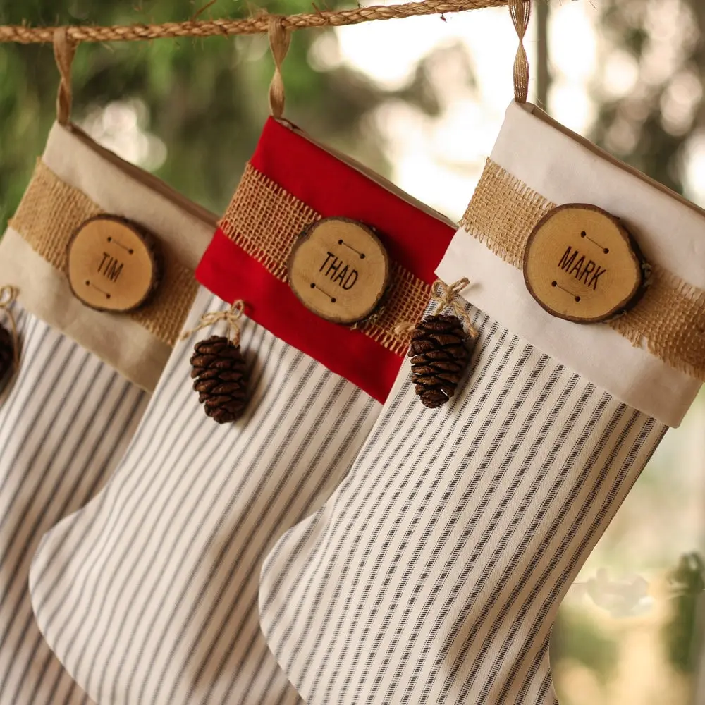 Personalized Christmas Stocking Farmhouse Christmas Stocking Personalized Wood Slice Name Tag Cone Ticking Rustic Christmas Stocking